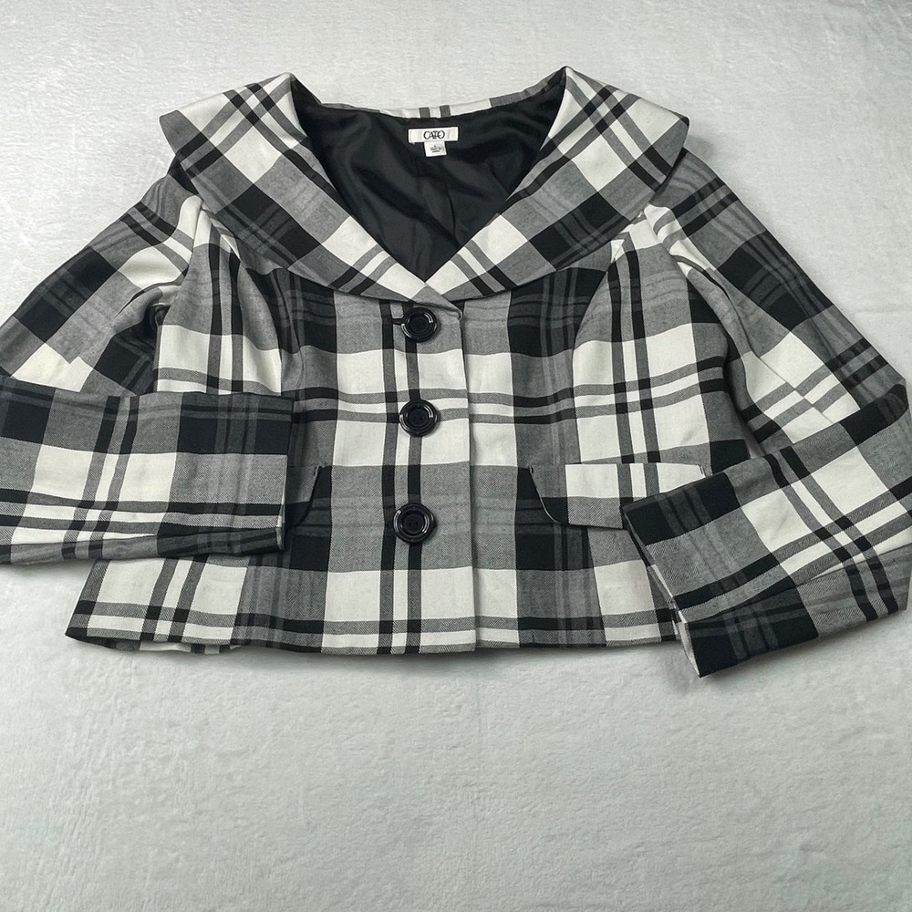 Cato Plaid Blazer Women Large Black White Excellent Portrait Collar Cropped